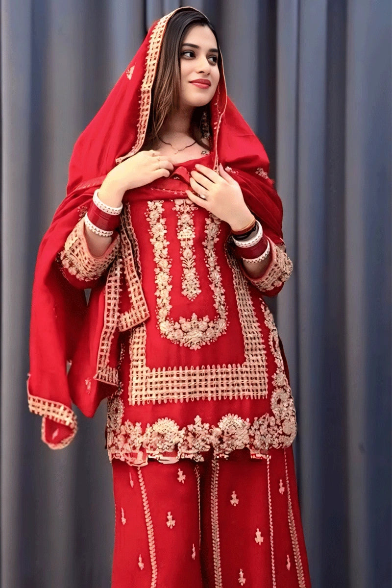 Fashion Red Georgette Embroidered Sequin Palazzo Suit