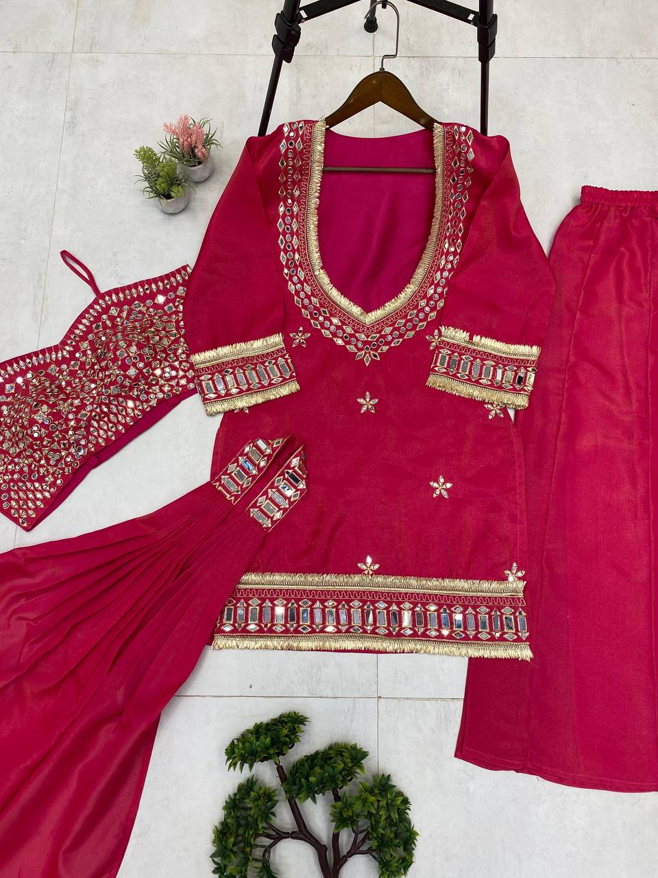 Embroidered Palazzo Suit | Festive 4-Piece Mirror Work Set