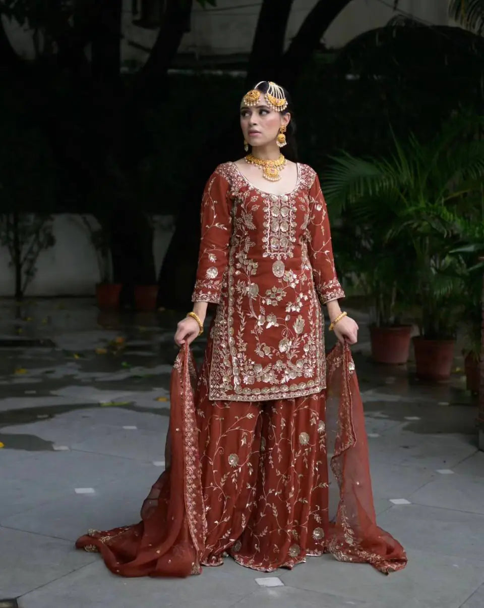 Heavy Embroidered Sharara Set Georgette Rust Orange