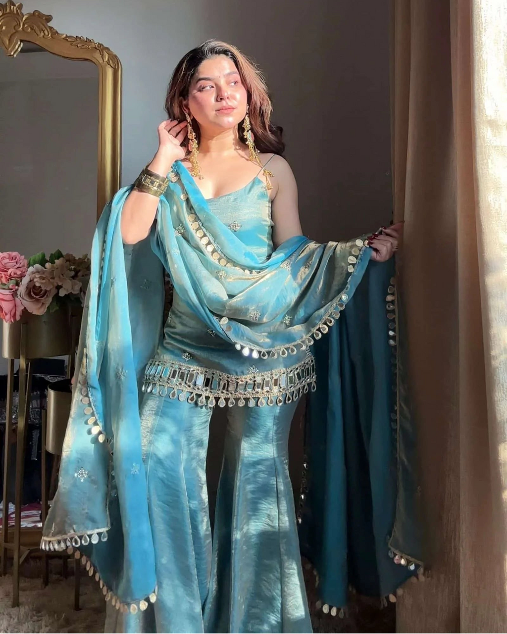 Sky Blue Mirror Work Sharara Set