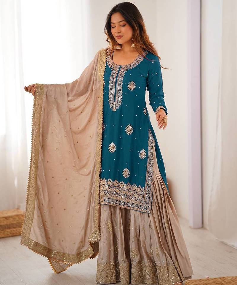 Beautifull Chinon Silk With Coding sequience Work Top Sharara