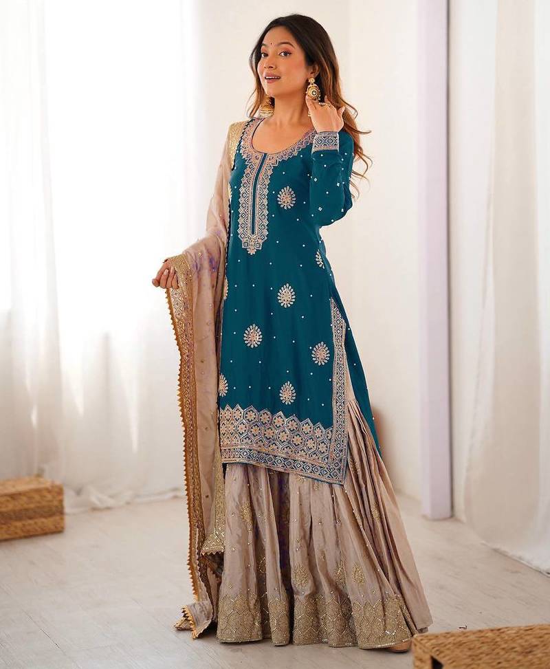 Beautifull Chinon Silk With Coding sequience Work Top Sharara