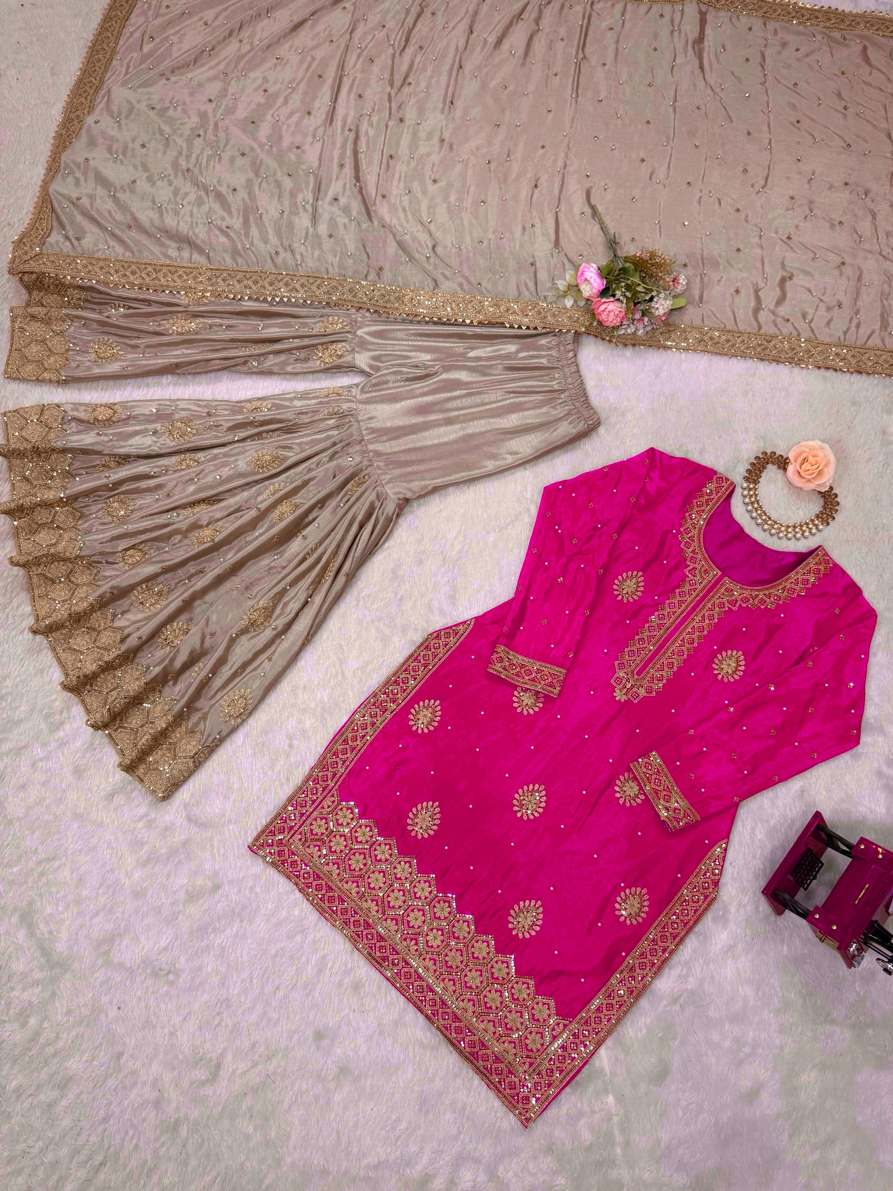 Beautifull Chinon Silk With Coding sequience Work Top Sharara