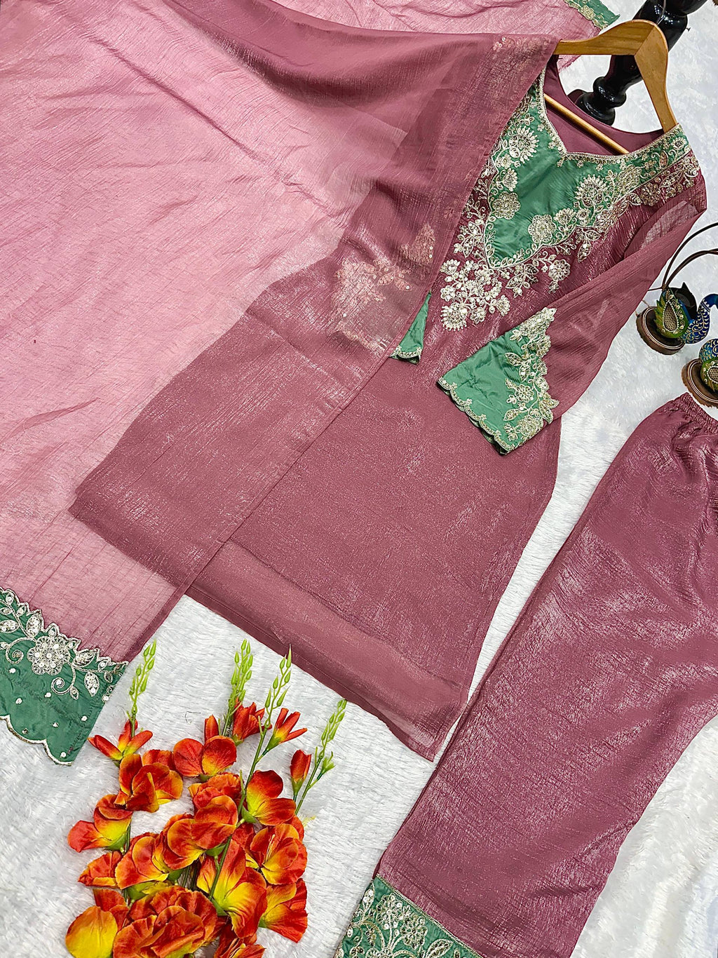 Beautiful Heavy Crunchy Silk Suit Set With Elegant Embroidery Cut Work