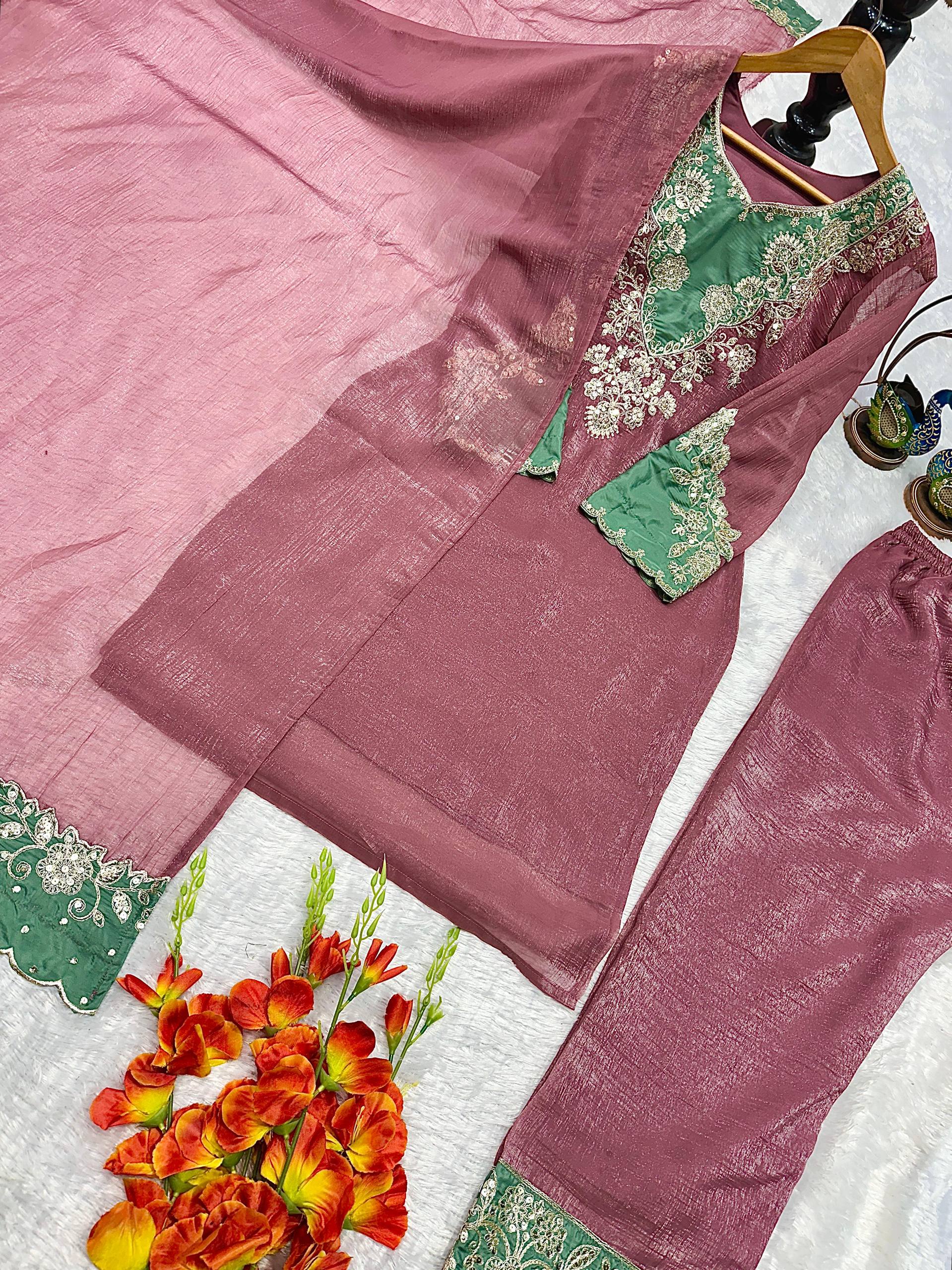 Beautiful Heavy Crunchy Silk Suit Set With Elegant Embroidery Cut Work