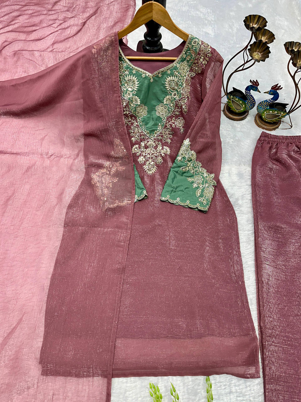 Beautiful Heavy Crunchy Silk Suit Set With Elegant Embroidery Cut Work
