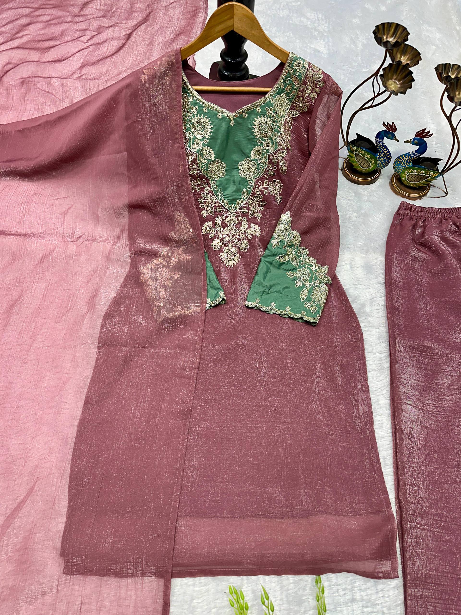 Beautiful Heavy Crunchy Silk Suit Set With Elegant Embroidery Cut Work