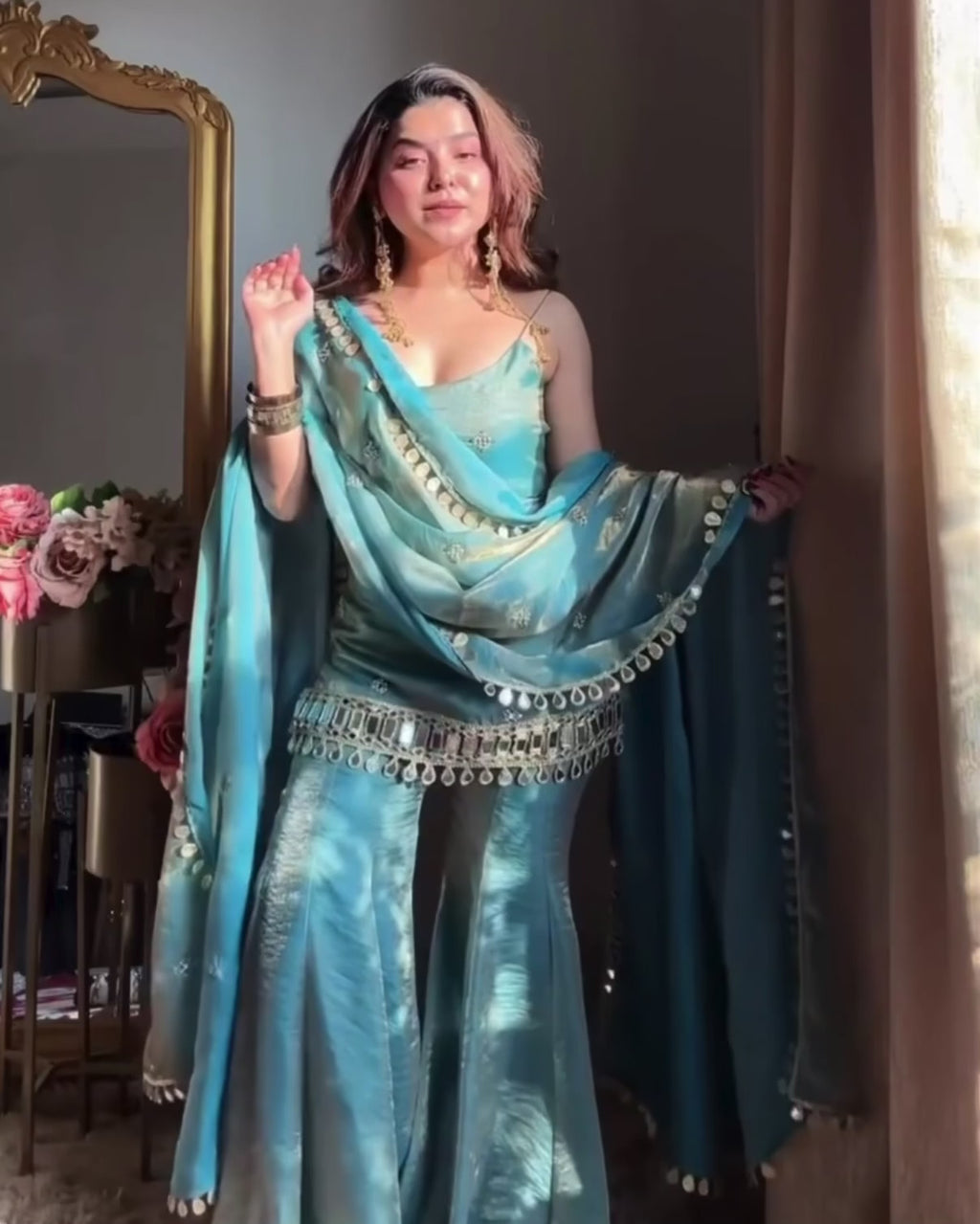 Sky Blue Mirror Work Sharara Set